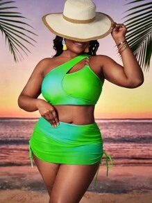 SHEIN Swim Curve 大尺碼漸層一肩比基尼套裝搭配沙灘裙夏季海灘 - 綠色 - 查看 4