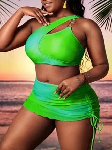 SHEIN Swim Curve 大尺碼漸層一肩比基尼套裝搭配沙灘裙夏季海灘 - 綠色 - 查看 5
