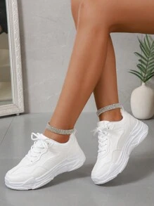 女士简约系带厚底运动鞋，健身必备运动鞋 - 白色 - 查看 2