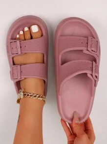 pueenb Pantuflas de plataforma de color liso para mujer - Moda y duraderas, con hebilla ajustable doble, suela suave, material EVA súper ligero antideslizante, adecuado para interiores y exteriores - Rosa vieja - Ver 2