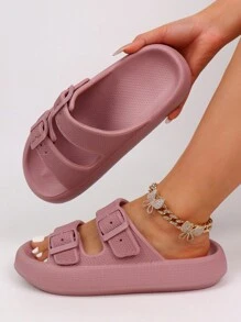 pueenb Pantuflas de plataforma de color liso para mujer - Moda y duraderas, con hebilla ajustable doble, suela suave, material EVA súper ligero antideslizante, adecuado para interiores y exteriores - Rosa vieja - Ver 3