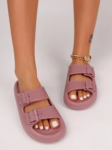 pueenb Pantuflas de plataforma de color liso para mujer - Moda y duraderas, con hebilla ajustable doble, suela suave, material EVA súper ligero antideslizante, adecuado para interiores y exteriores - Rosa vieja - Ver 4