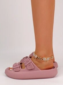 pueenb Pantuflas de plataforma de color liso para mujer - Moda y duraderas, con hebilla ajustable doble, suela suave, material EVA súper ligero antideslizante, adecuado para interiores y exteriores - Rosa vieja - Ver 6