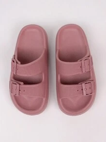 pueenb Pantuflas de plataforma de color liso para mujer - Moda y duraderas, con hebilla ajustable doble, suela suave, material EVA súper ligero antideslizante, adecuado para interiores y exteriores - Rosa vieja - Ver 8