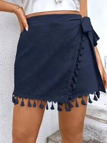 SHEIN LUNE Quần Short kích thước lớn Thắt nút mép Trọn gói màu trơn Boho - Màu xanh hải quân - Xem 3