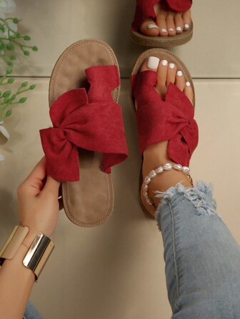 女士蝴蝶结拖鞋，麂皮鞋面渔夫风格四季沙滩拖鞋，优雅、休闲、舒适、百搭的平底人字拖