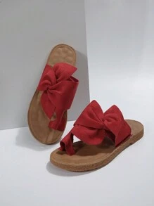 女士蝴蝶结系带凉拖，绒面革鞋面渔夫风四季沙滩拖鞋，优雅休闲舒适百搭的平底人字拖，情人节、春夏穿搭之选 - 紅色 - 查看 4