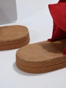 女士蝴蝶结系带凉拖，绒面革鞋面渔夫风四季沙滩拖鞋，优雅休闲舒适百搭的平底人字拖，情人节、春夏穿搭之选 - 紅色 - 查看 7