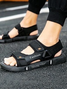 男士魔術貼字母圖案運動涼鞋,運動夏天黑色織物涼鞋 - 黑色 - 查看 1