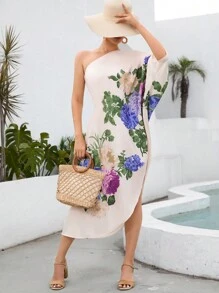 SHEIN VCAY 印花單肩蝙蝠袖高衩連衣裙 - 米色 - 查看 1