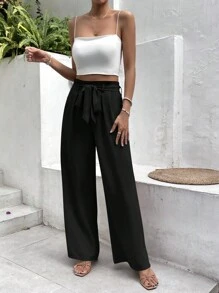 SHEIN Frenchy 純色系肥腰帶寬腳黑色直筒蝴蝶結褲 - 黑色 - 查看 5