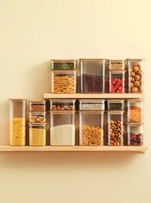 SHEIN Basic living 1Pc Clear Food Storage Canister With Bamboo Lid, For Flour Cereal Sugar Tea Coffee Beans Snacks Christmas For Holiday Gift Giving - Beige - View 3