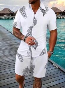 Manfinity RSRT Hombres con estampado de hoja Camisa & de cintura con cordón Shorts sin camiseta - Blanco - Ver 1