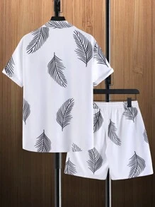 Manfinity RSRT Hombres con estampado de hoja Camisa & de cintura con cordón Shorts sin camiseta - Blanco - Ver 2