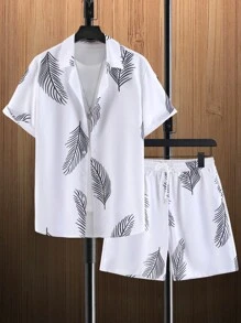 Manfinity RSRT Hombres con estampado de hoja Camisa & de cintura con cordón Shorts sin camiseta - Blanco - Ver 6