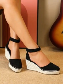 Women Espadrille Sole Wedge Shoes, Vacation Outdoor Faux Suede Ankle Strap Court Wedges - Black - View 1
