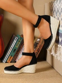 Women Espadrille Sole Wedge Shoes, Vacation Outdoor Faux Suede Ankle Strap Court Wedges - Black - View 4