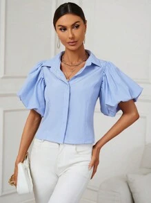 SHEIN Privé Áo sơ mi nữ Nút phía trước màu trơn Giải trí - Xanh và trắng - Xem 1