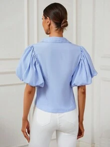 SHEIN Privé Áo sơ mi nữ Nút phía trước màu trơn Giải trí - Xanh và trắng - Xem 2