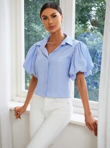 SHEIN Privé Áo sơ mi nữ Nút phía trước màu trơn Giải trí - Xanh và trắng - Xem 4