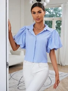 SHEIN Privé Áo sơ mi nữ Nút phía trước màu trơn Giải trí - Xanh và trắng - Xem 5