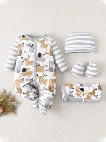 男嬰卡通圖案包腳連體睡衣和帽和手套