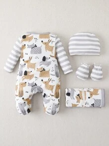 男嬰卡通圖案包腳連體睡衣和帽和手套