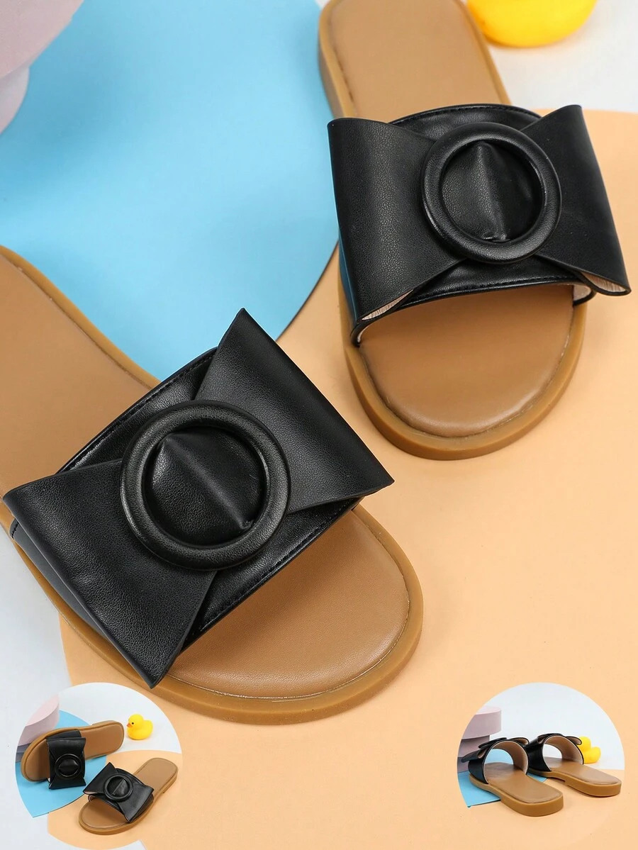 Girls Round Buckle & Bow Decor Non Slip Slippers For Outdoor - Black - View 1