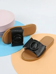 Girls Round Buckle & Bow Decor Non Slip Slippers For Outdoor - Black - View 2