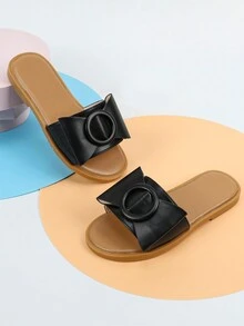 Girls Round Buckle & Bow Decor Non Slip Slippers For Outdoor - Black - View 3