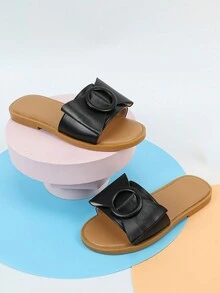 Girls Round Buckle & Bow Decor Non Slip Slippers For Outdoor - Black - View 4