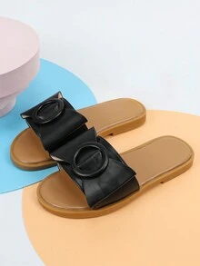 Girls Round Buckle & Bow Decor Non Slip Slippers For Outdoor - Black - View 5