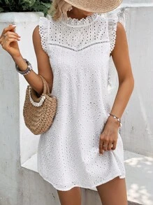 SHEIN VCAY 網眼刺繡褶邊小高領荷葉邊連衣裙 - 白色 - 查看 1