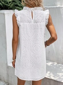 SHEIN VCAY 網眼刺繡褶邊小高領荷葉邊連衣裙 - 白色 - 查看 2