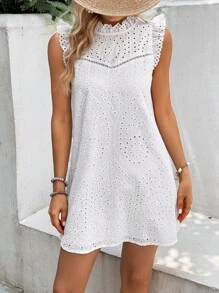 SHEIN VCAY 網眼刺繡褶邊小高領荷葉邊連衣裙 - 白色 - 查看 5