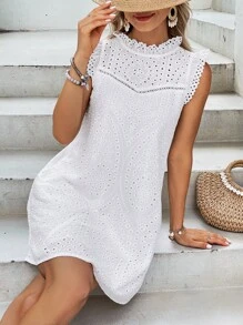 SHEIN VCAY 網眼刺繡褶邊小高領荷葉邊連衣裙 - 白色 - 查看 6