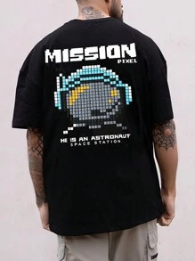 Manfinity Hypemode 男士卡通和標語圖案落肩T恤 - 黑色 - 查看 1