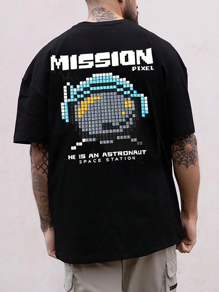 Manfinity Hypemode 男士卡通和標語圖案落肩T恤 - 黑色 - 查看 1