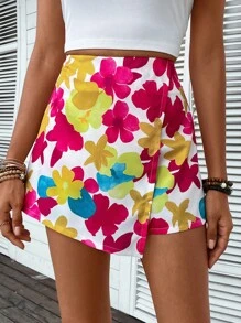 SHEIN VCAY Damskie Szorty Asymetryczny Kopertowe Zamek błyskawiczny Kwiatowy Nadruk po całości Boho