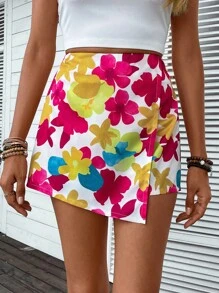 SHEIN VCAY Damskie Szorty Asymetryczny Kopertowe Zamek błyskawiczny Kwiatowy Nadruk po całości Boho