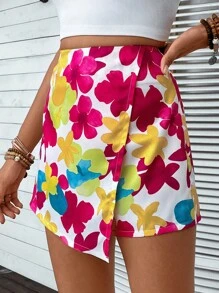 SHEIN VCAY Damskie Szorty Asymetryczny Kopertowe Zamek błyskawiczny Kwiatowy Nadruk po całości Boho