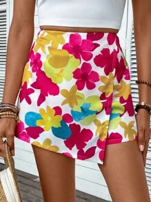 SHEIN VCAY Damskie Szorty Asymetryczny Kopertowe Zamek błyskawiczny Kwiatowy Nadruk po całości Boho