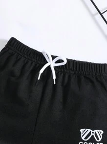 SHEIN Quần short bé trai Thắt nút Lá thư Giải trí - màu đen - Xem 4