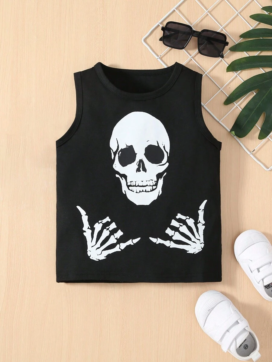 SHEIN 小男童骷髅頭圖案背心上衣 - 黑色 - 查看 1