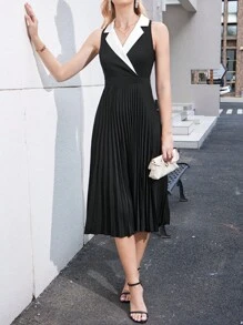 SHEIN BIZwear 拼接西裝領百褶下擺洋裝工作服 - 彩色 - 查看 2