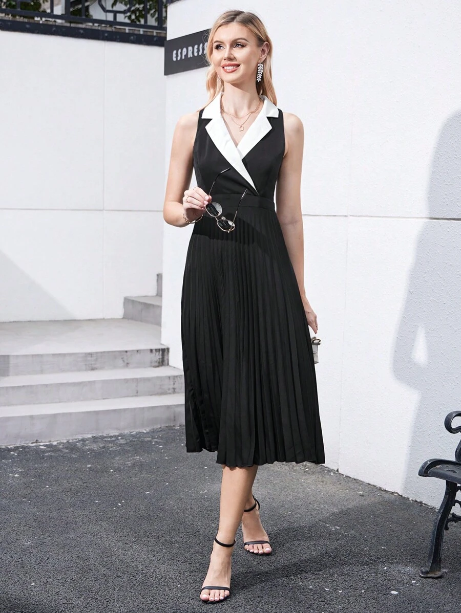 SHEIN BIZwear 拼接西裝領百褶下擺洋裝工作服 - 彩色 - 查看 1