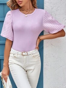 SHEIN Privé Solid Puff Sleeve Ribbed Knit Blouse - Lilac Purple - View 1
