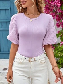 SHEIN Privé Solid Puff Sleeve Ribbed Knit Blouse - Lilac Purple - View 3