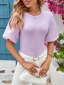 SHEIN Privé Solid Puff Sleeve Ribbed Knit Blouse - Lilac Purple - View 5