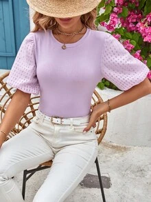 SHEIN Privé Solid Puff Sleeve Ribbed Knit Blouse - Lilac Purple - View 6